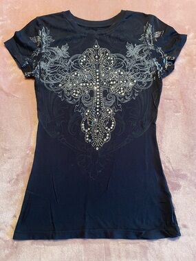 Royalty For Me Black Rhinestone Cross Short Sleeve Tee